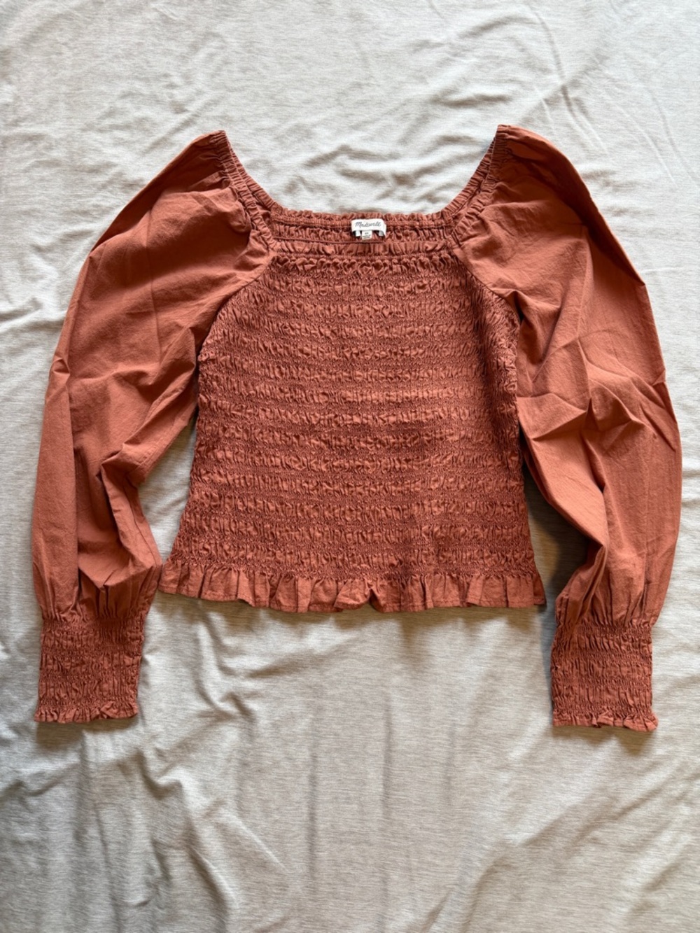 Madewell Terracotta Smocked Square-Neck Long Sleeve Top